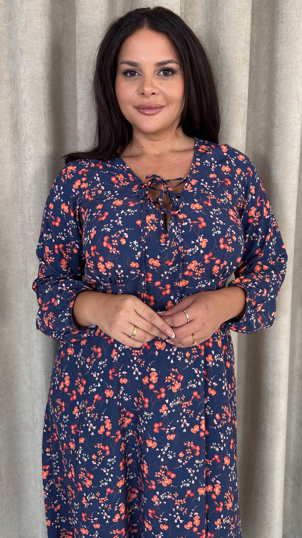 CurveWow Lace Front Frill Hem Midi Dress Navy Floral