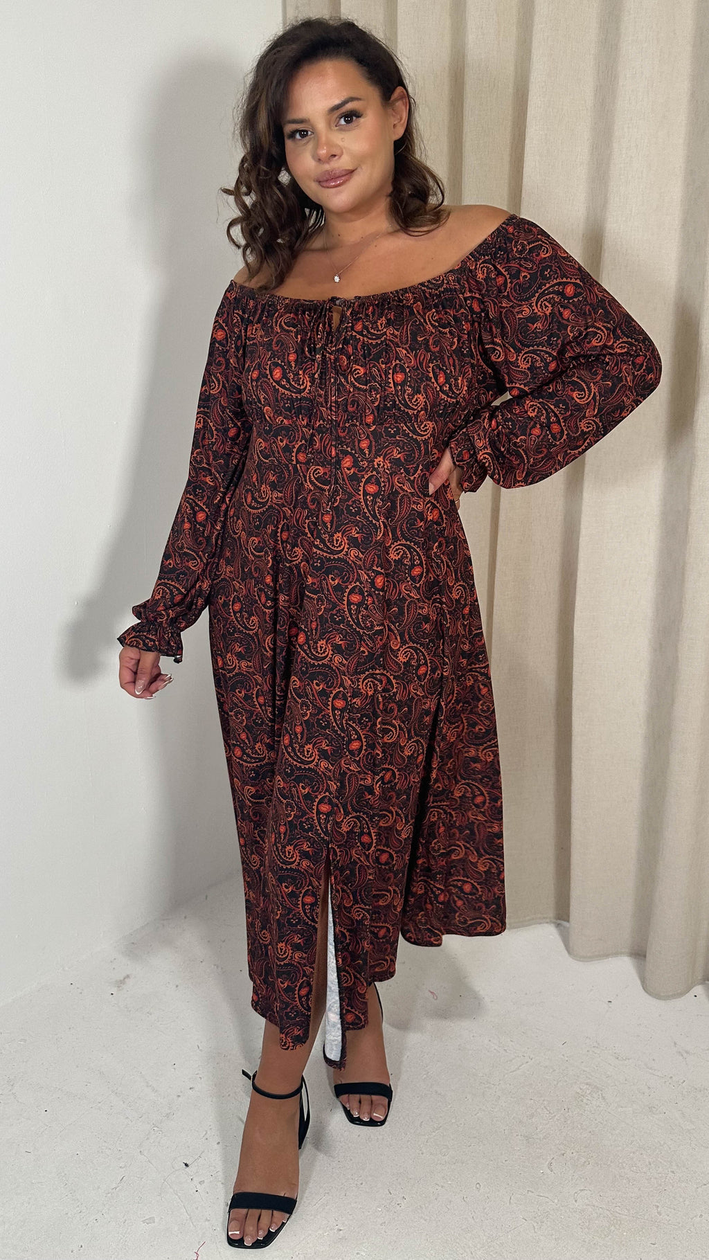 CurveWow Milkmaid Balloon Sleeve Midi Dress Rust Paisley