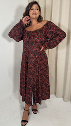 CurveWow Milkmaid Balloon Sleeve Midi Dress Rust Paisley