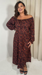 CurveWow Milkmaid Balloon Sleeve Midi Dress Rust Paisley