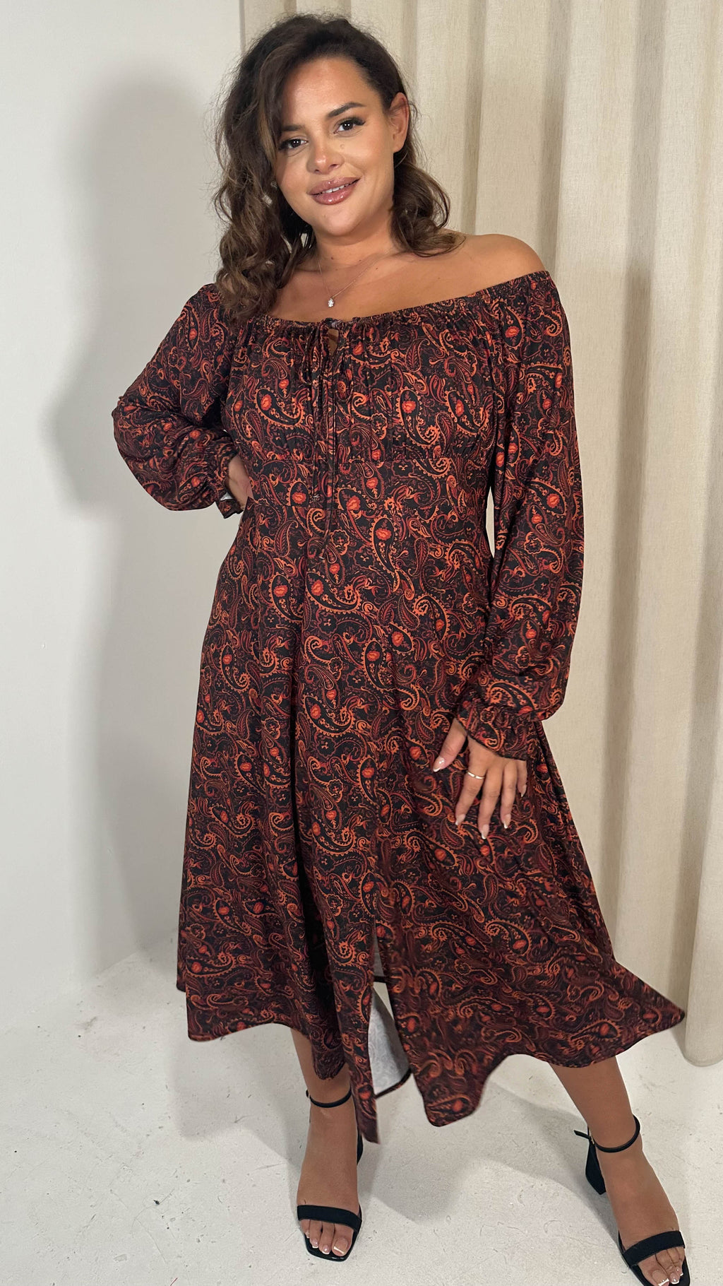 CurveWow Milkmaid Balloon Sleeve Midi Dress Rust Paisley