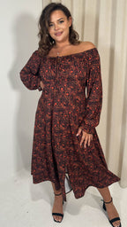 CurveWow Milkmaid Balloon Sleeve Midi Dress Rust Paisley