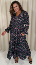 CurveWow Wrap Shirred Waist Printed Midi Dress Black Ditsy