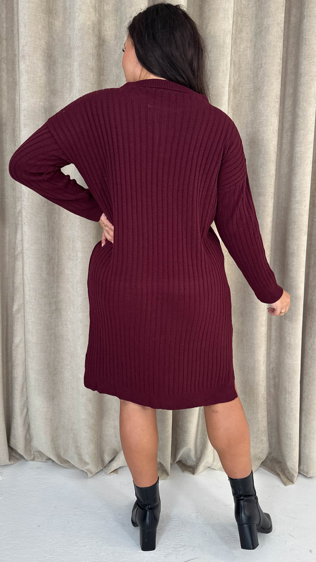 CurveWow Collar Rib Knitted Jumper Dress Wine