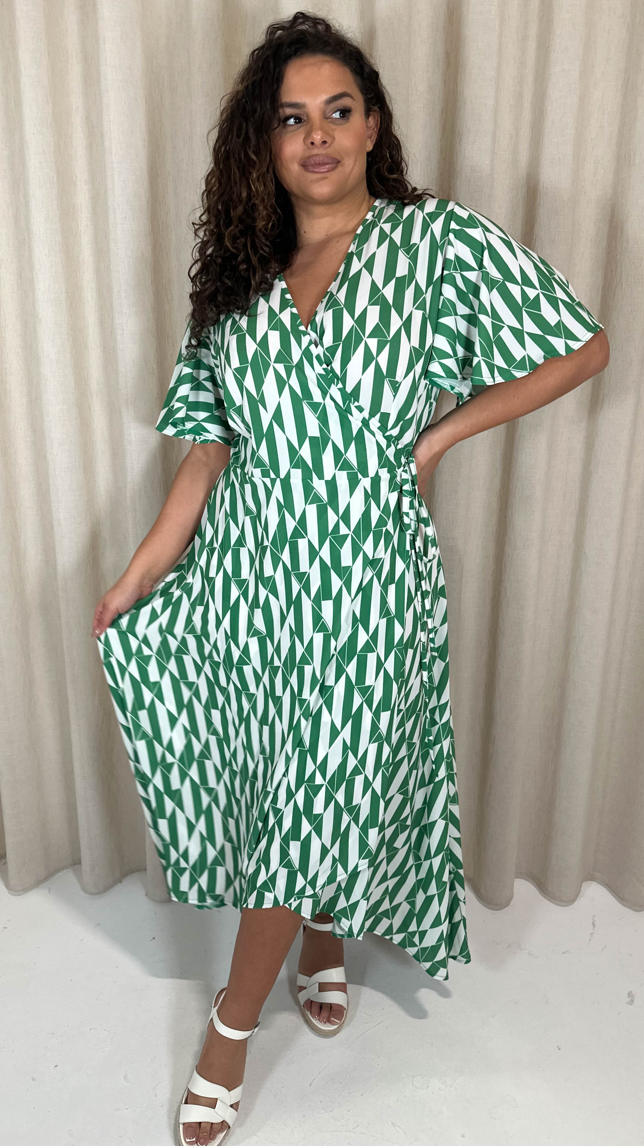 CurveWow Angel Sleeve Wrap Dress Green/White Geo