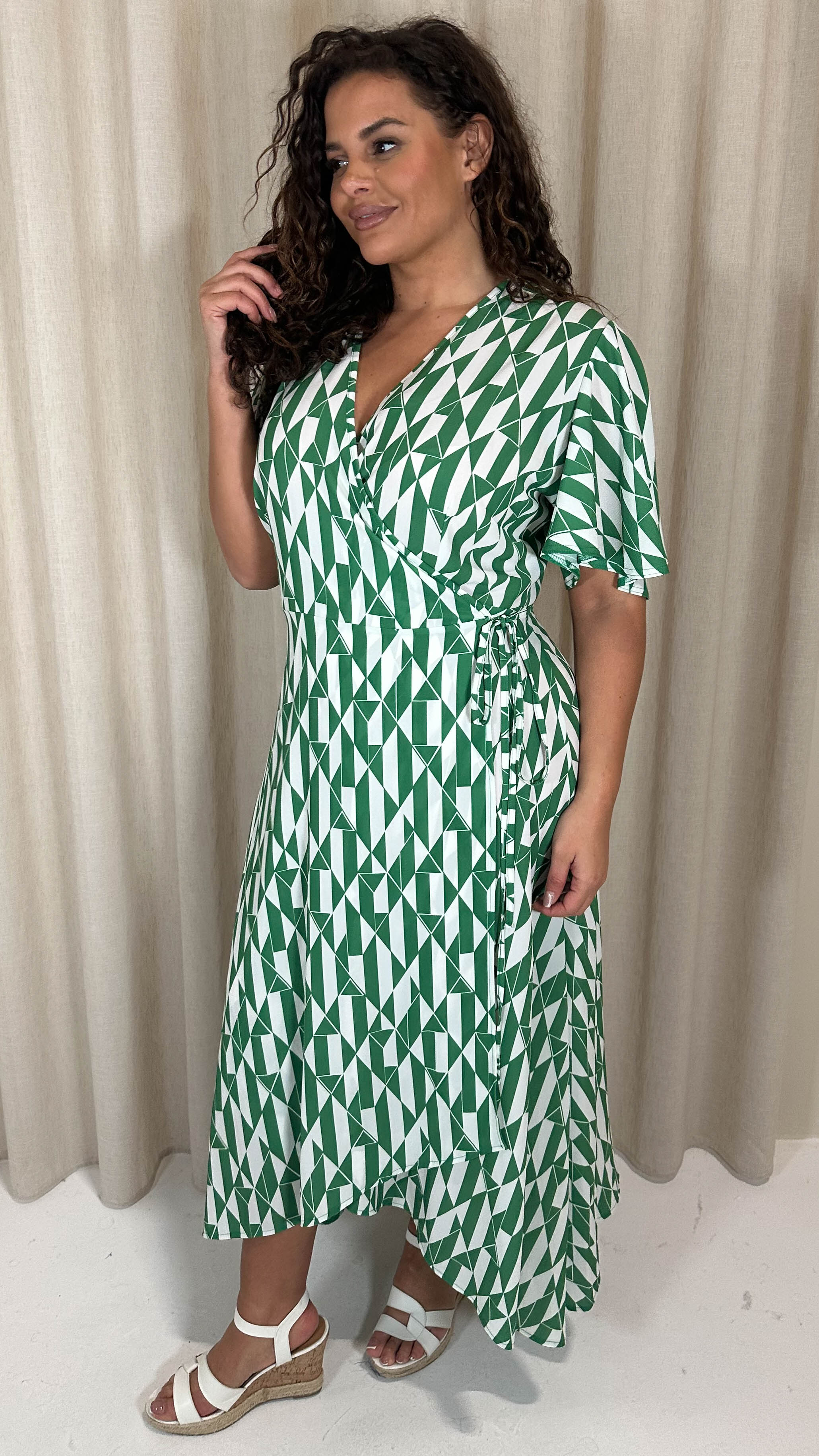 CurveWow Angel Sleeve Wrap Dress Green/White Geo