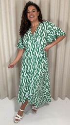 CurveWow Angel Sleeve Wrap Dress Green/White Geo