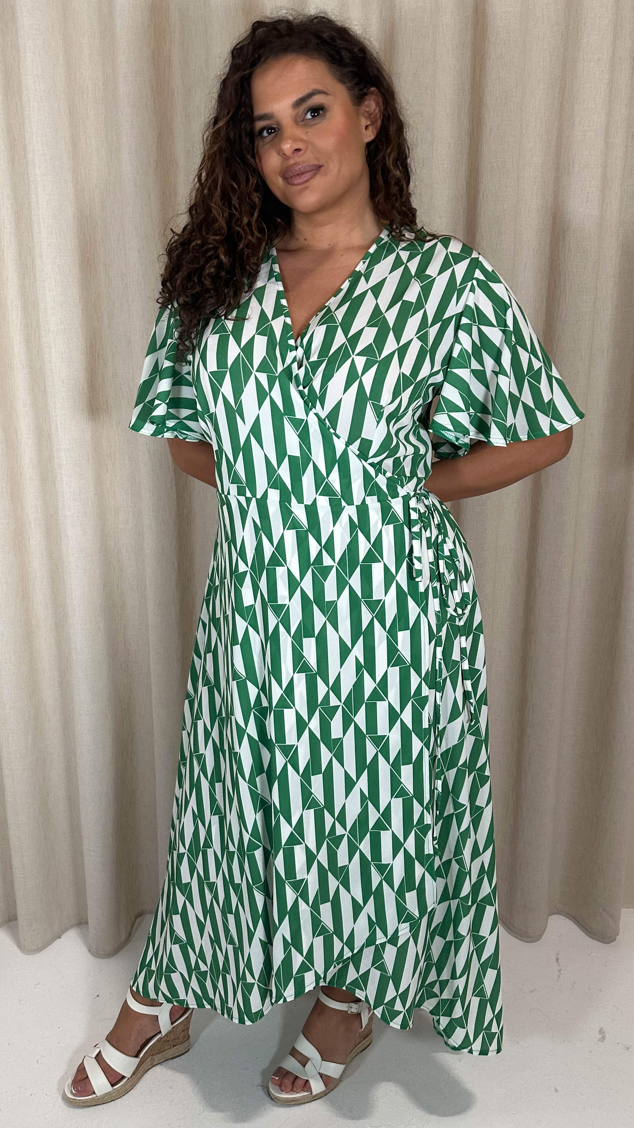 CurveWow Angel Sleeve Wrap Dress Green/White Geo