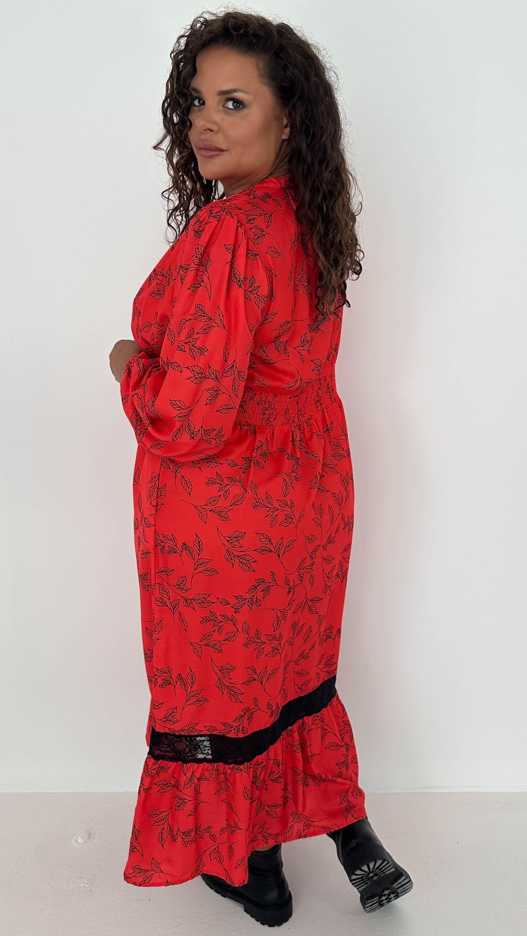 CurveWow Lace Insert Printed Midi Dress Red Leaf