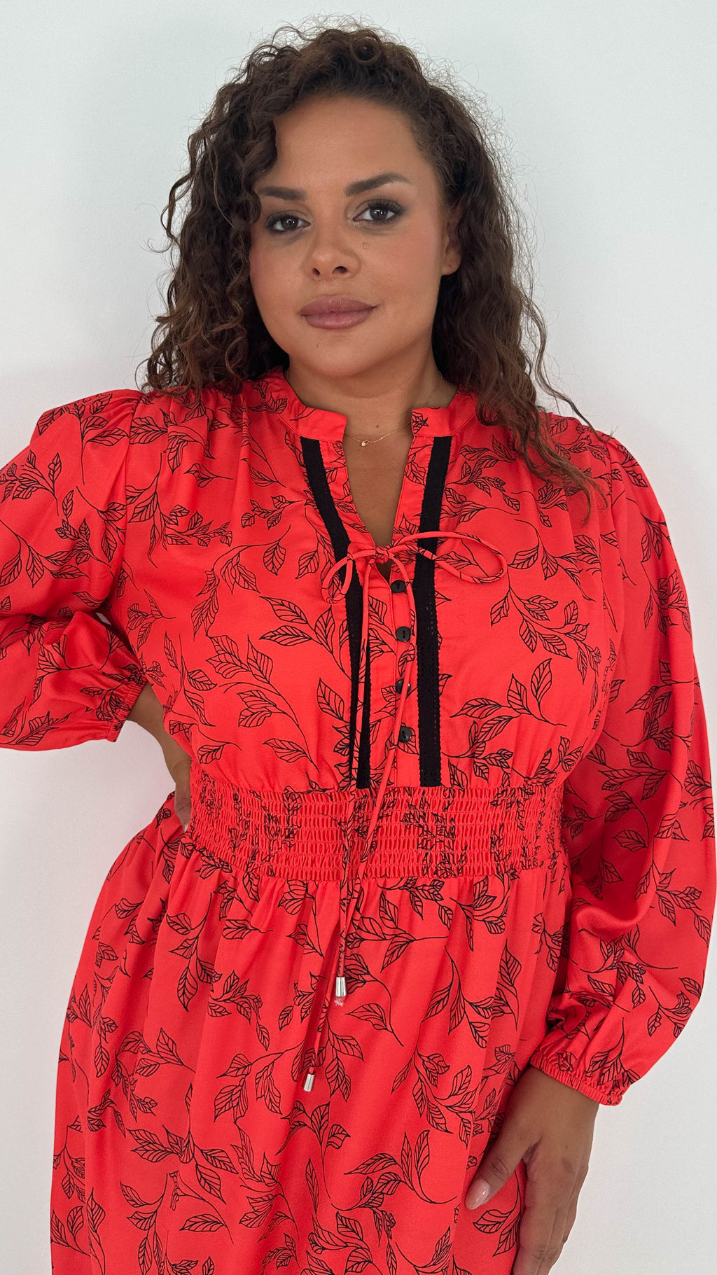 CurveWow Lace Insert Printed Midi Dress Red Leaf