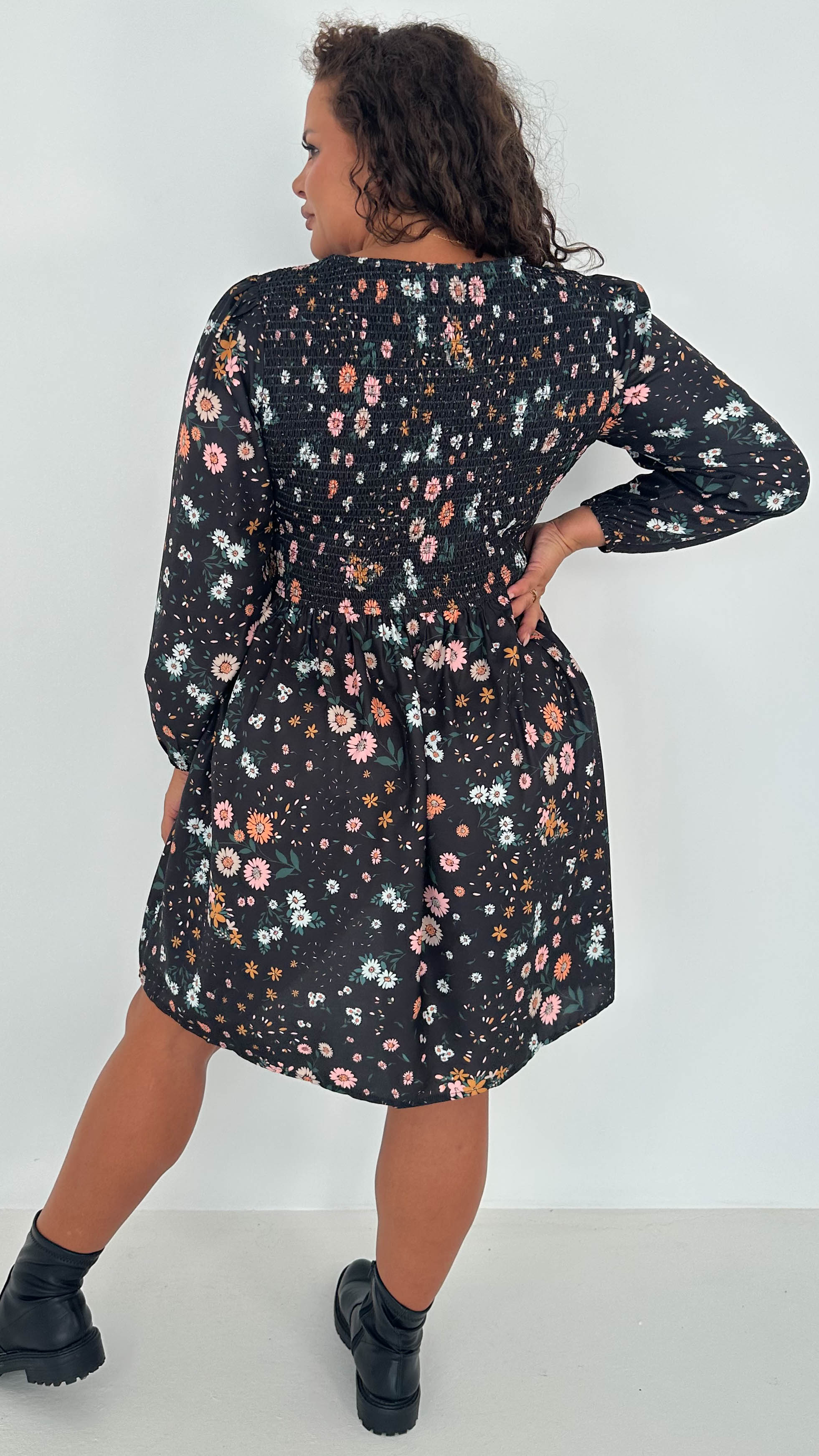 CurveWow Shirred Top Mini Dress Black Daisy