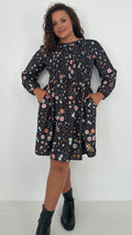 CurveWow Shirred Top Mini Dress Black Daisy