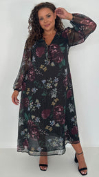 CurveWow V-Neck Tie Detail Maxi Dress Black Floral
