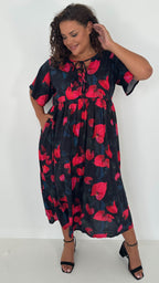CurveWow Tied Bow Front Dress Black & Red Floral