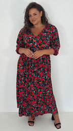 CurveWow Tiered Vneck Balloon Sleeve Maxi Dress Black Multi