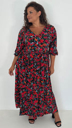 CurveWow Tiered Vneck Balloon Sleeve Maxi Dress Black Multi