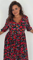 CurveWow Tiered Vneck Balloon Sleeve Maxi Dress Black Multi