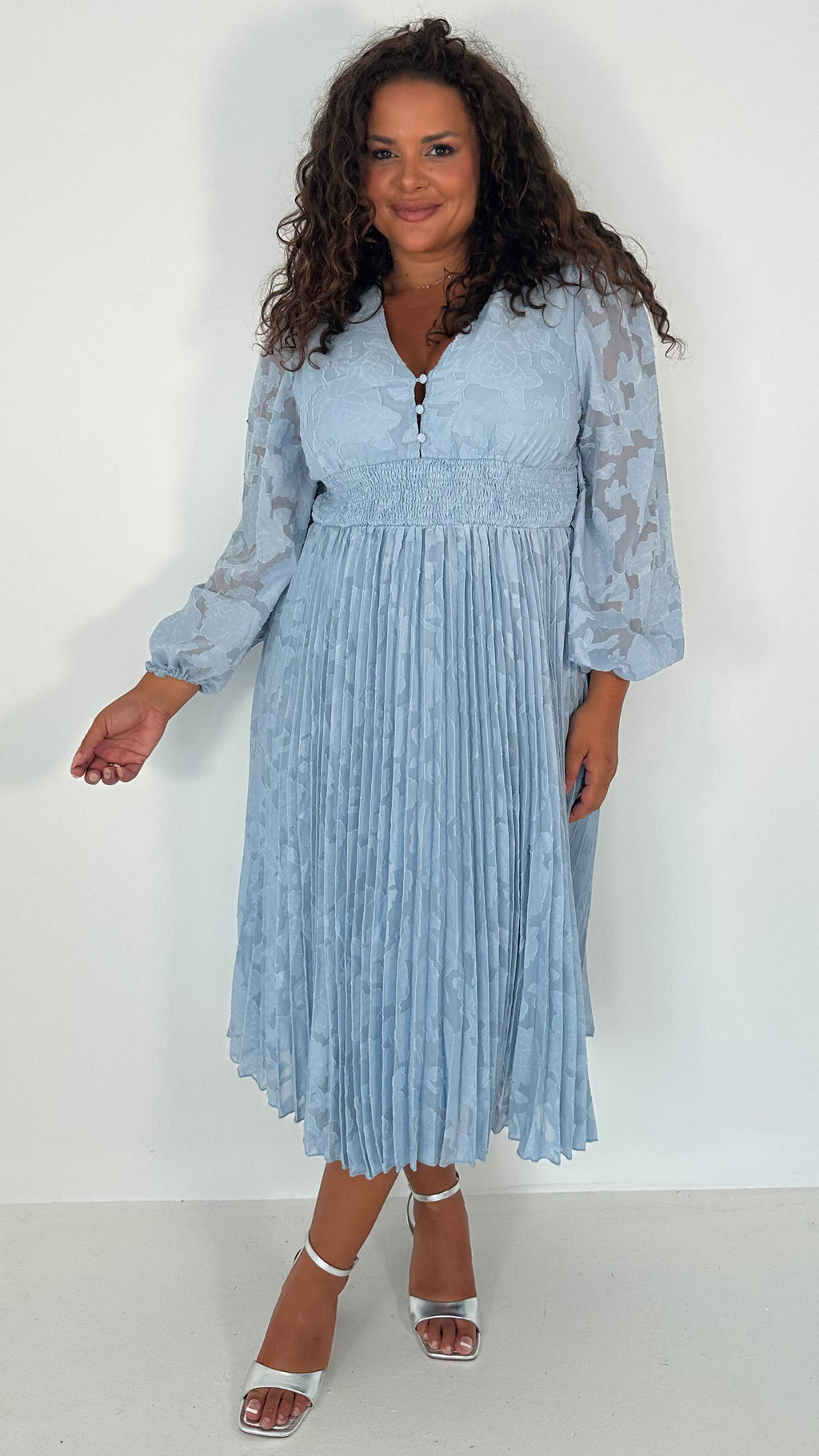 CurveWow V-Neck Pleated Dress Blue