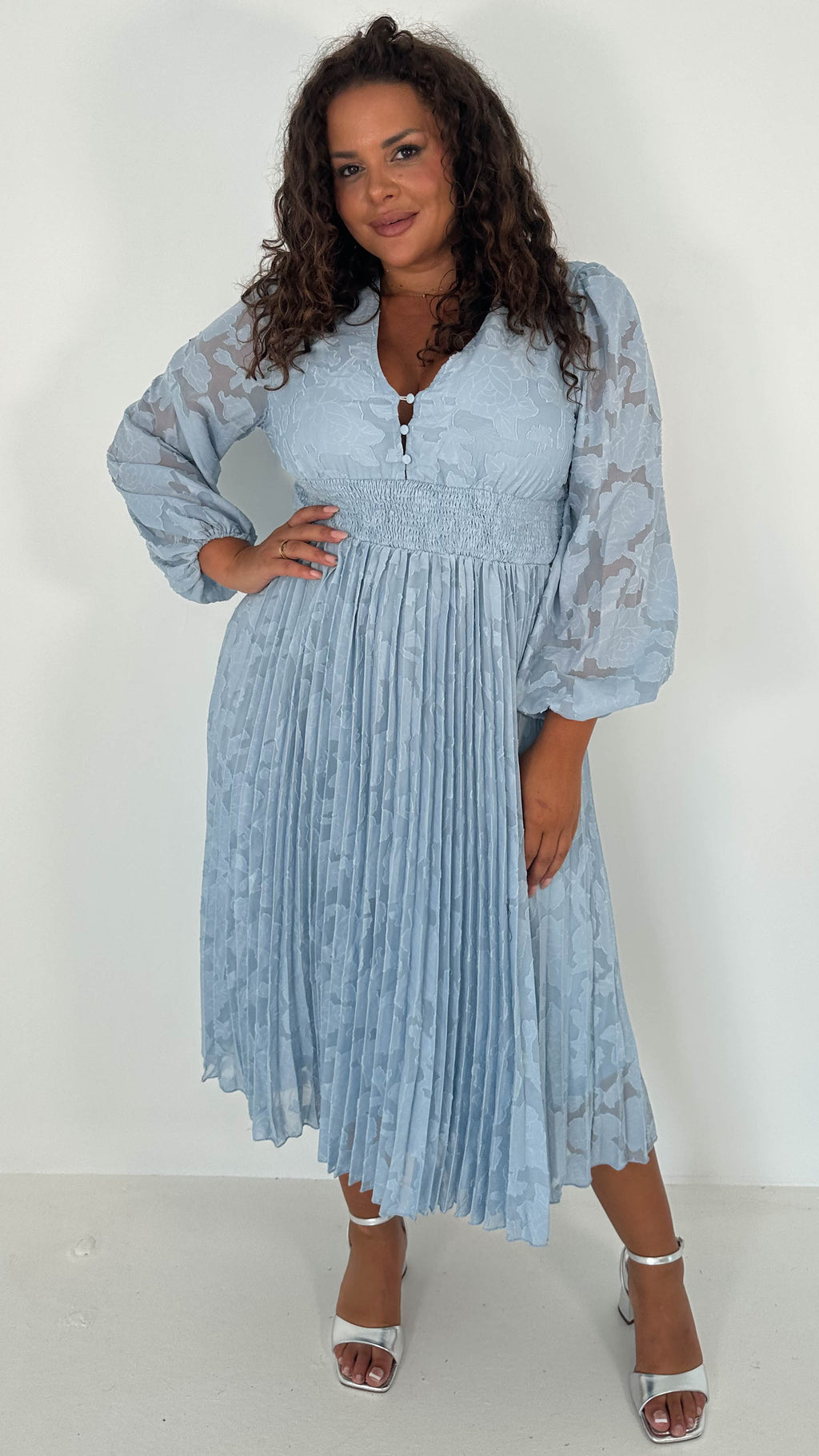 CurveWow V-Neck Pleated Dress Blue