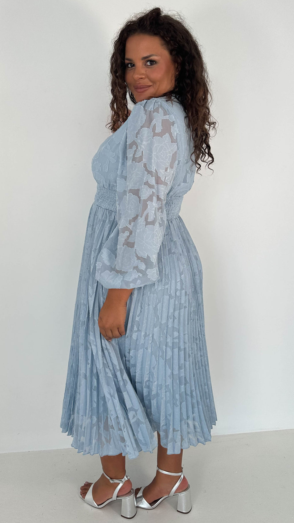 CurveWow V-Neck Pleated Dress Blue