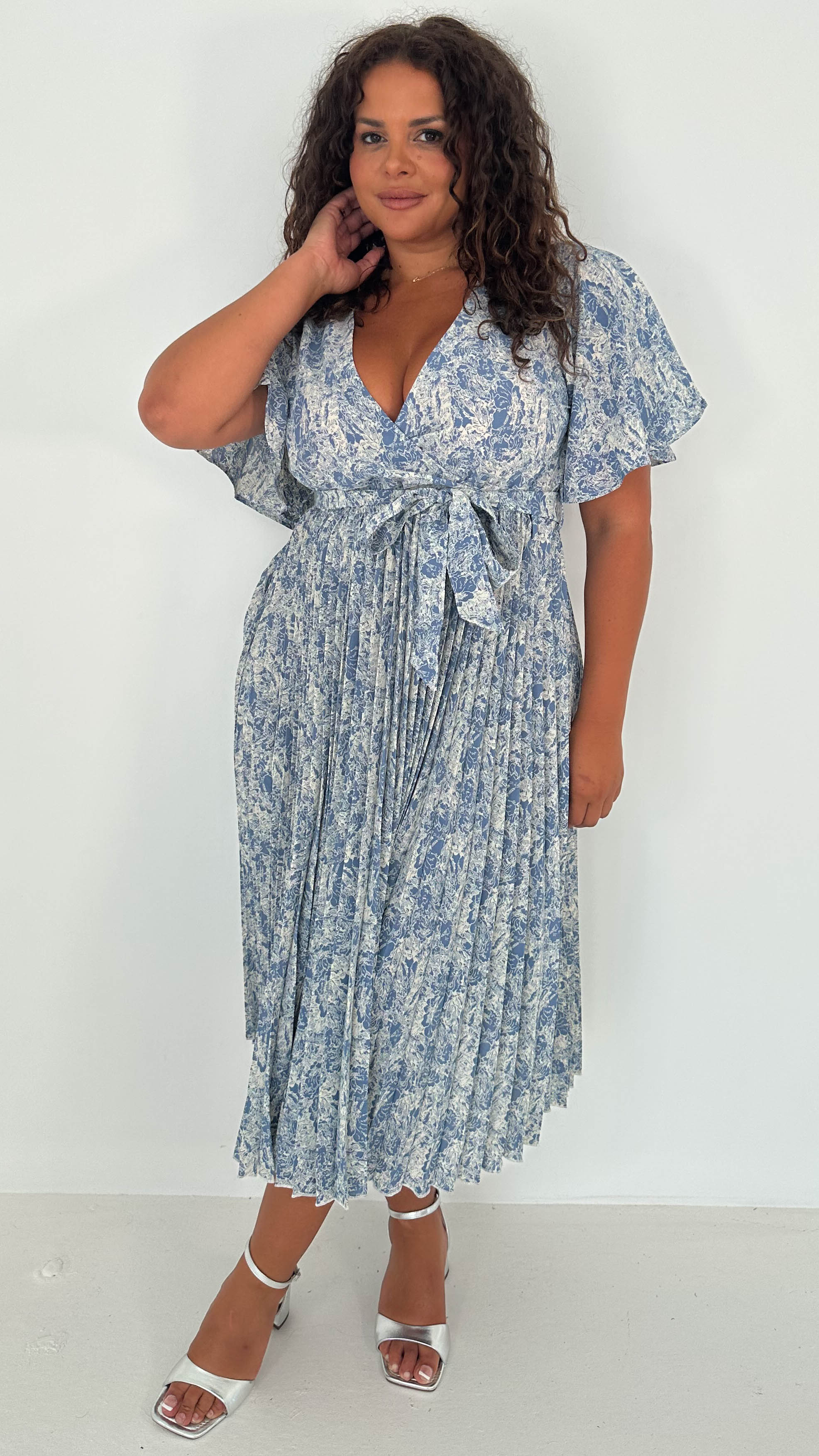 CurveWow Wrap Angel Sleeve Pleated Midi Dress Blue