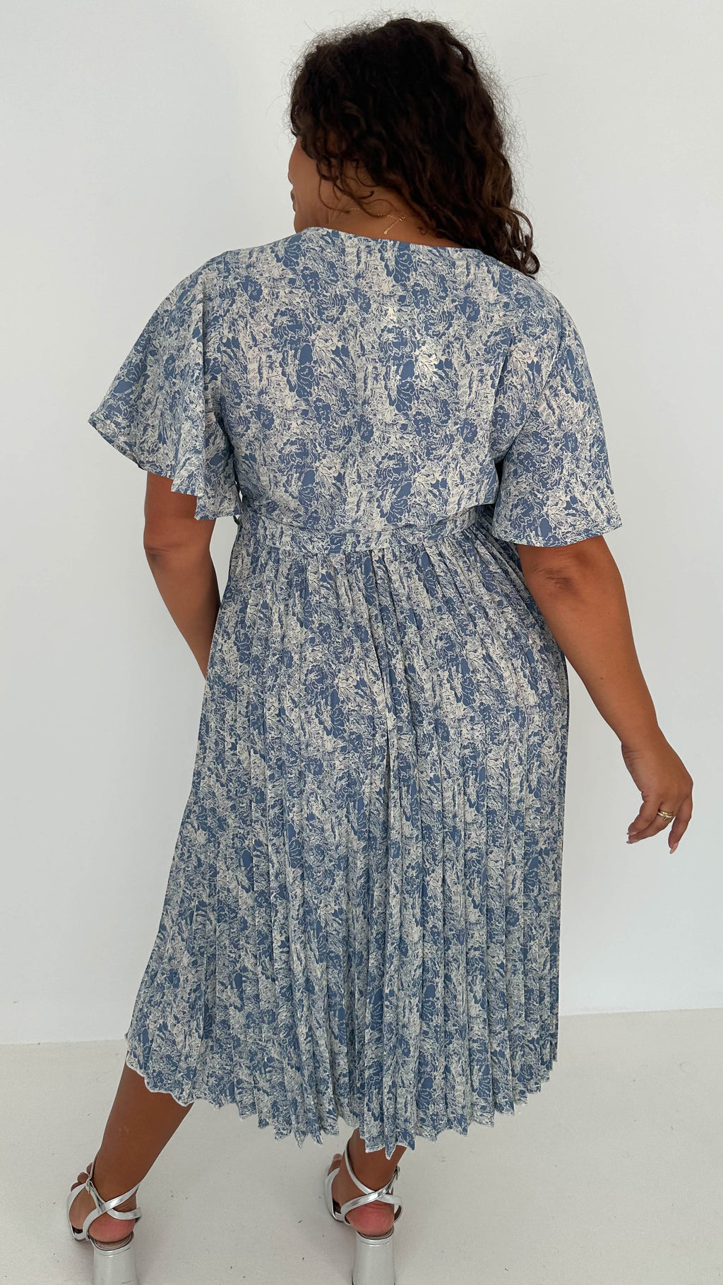 CurveWow Wrap Angel Sleeve Pleated Midi Dress Blue