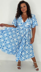 CurveWow Short Sleeve Pleated Wrap Dress Blue Print