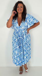 CurveWow Short Sleeve Pleated Wrap Dress Blue Print