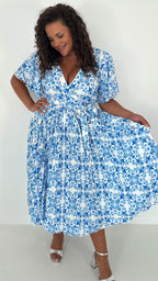 CurveWow Short Sleeve Pleated Wrap Dress Blue Print