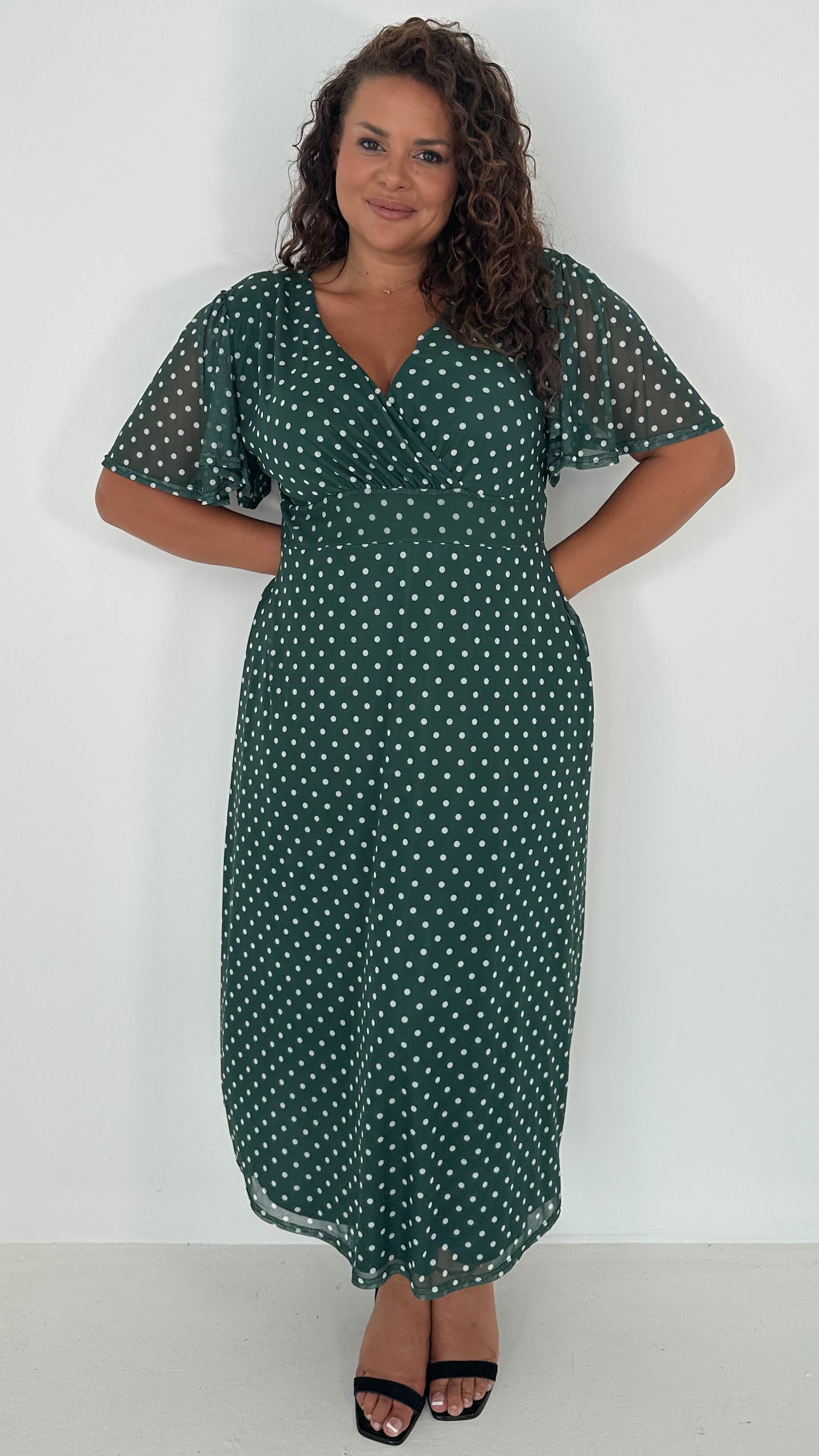 CurveWow Mesh Angel Sleeve Dress Green Spot
