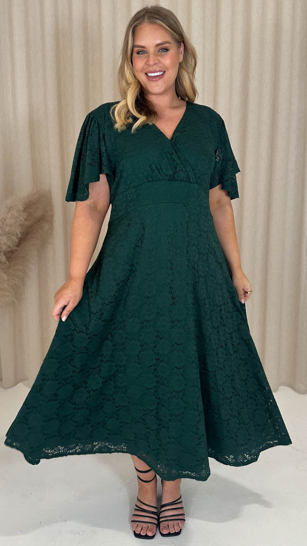 CurveWow Lace Angel Sleeve Dress Forest Green