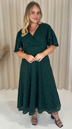 CurveWow Lace Angel Sleeve Dress Forest Green