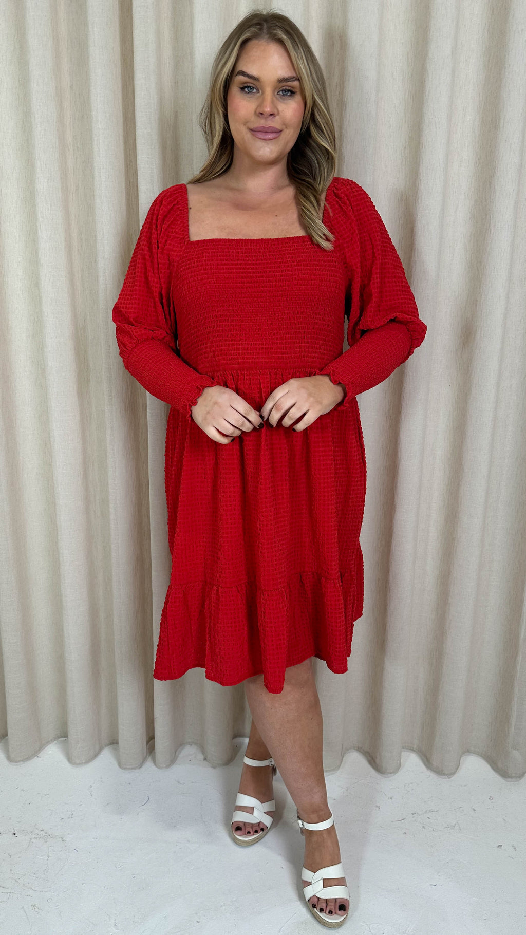 CurveWow Seersucker Puff Sleeve Dress Bright Red