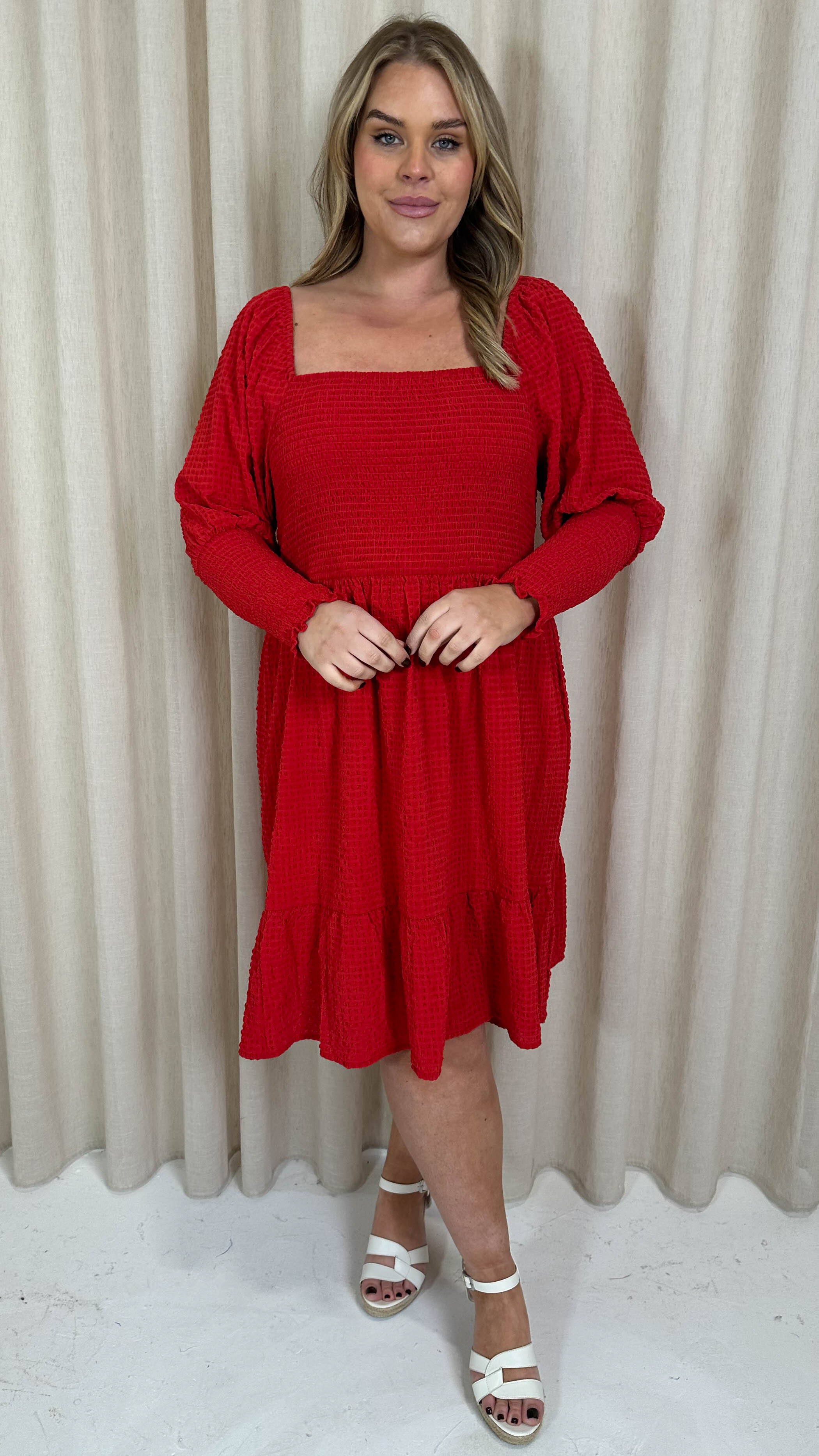 CurveWow Seersucker Puff Sleeve Dress Bright Red