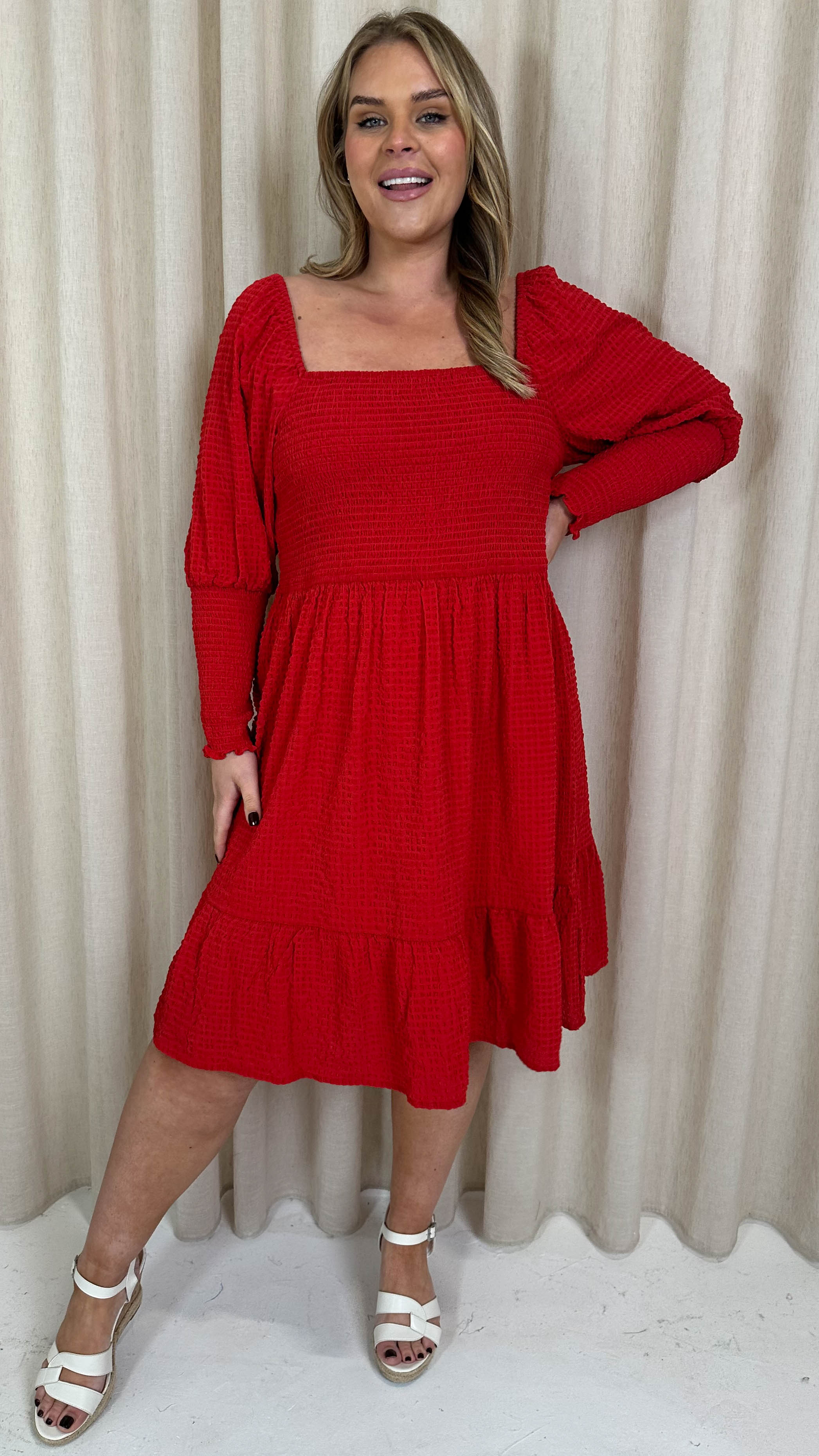 CurveWow Seersucker Puff Sleeve Dress Bright Red