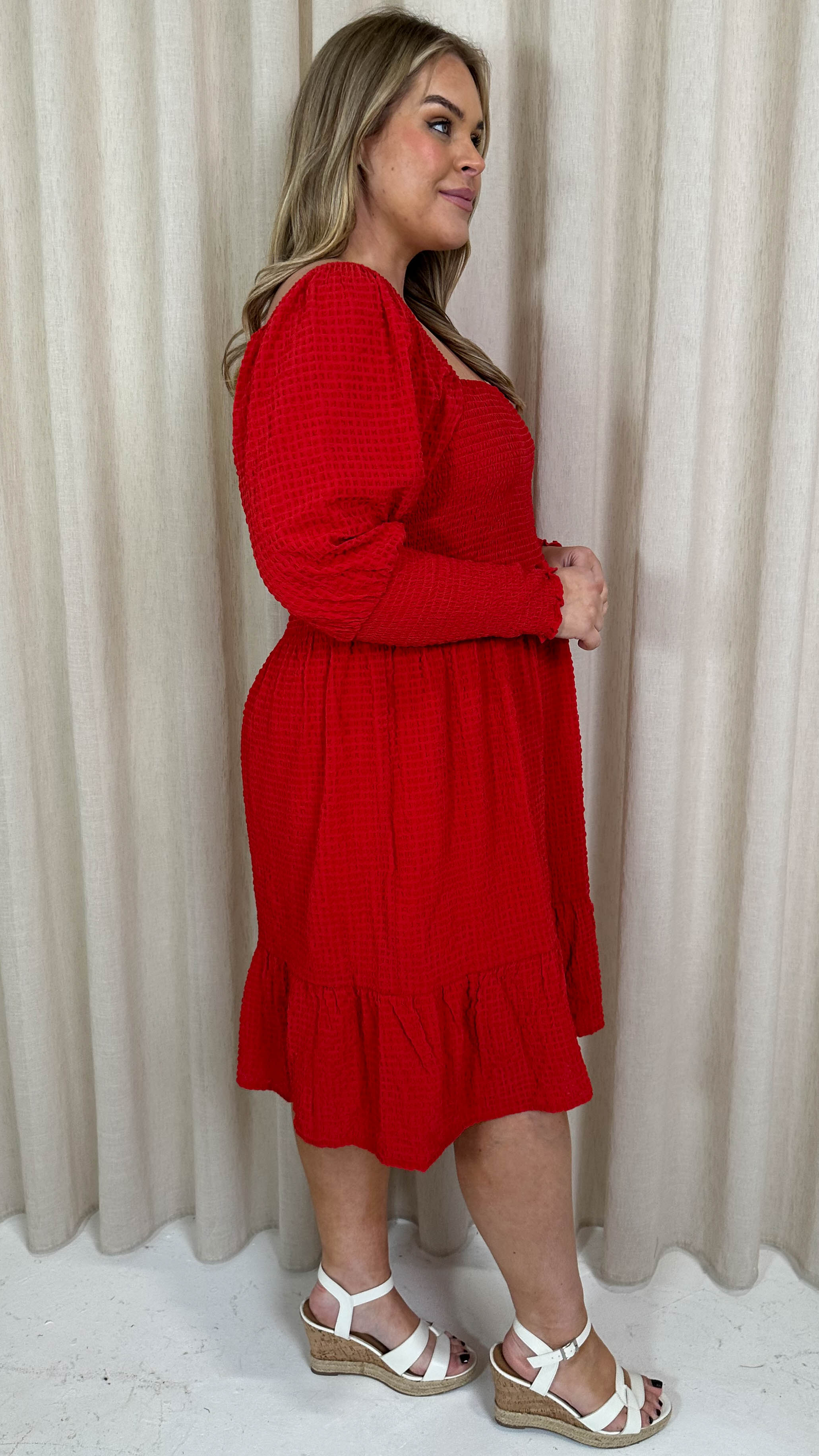 CurveWow Seersucker Puff Sleeve Dress Bright Red