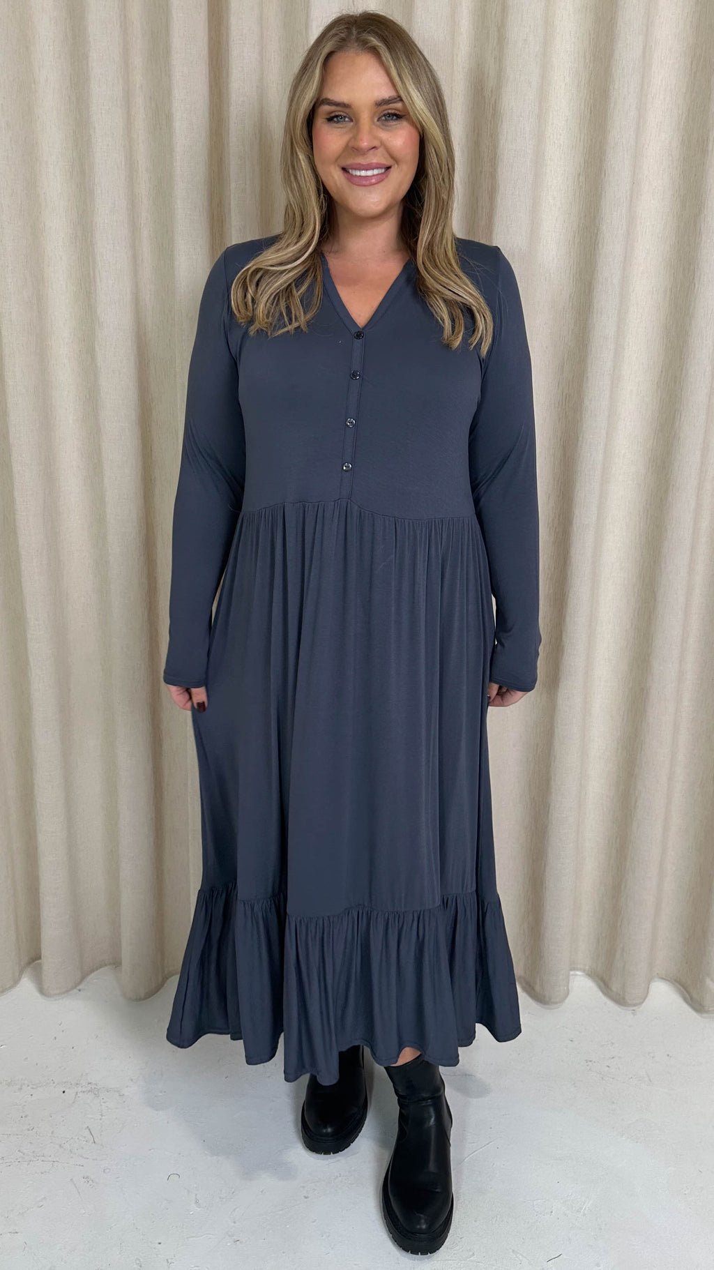 CurveWow Collared Button Smock Dress Slate Grey