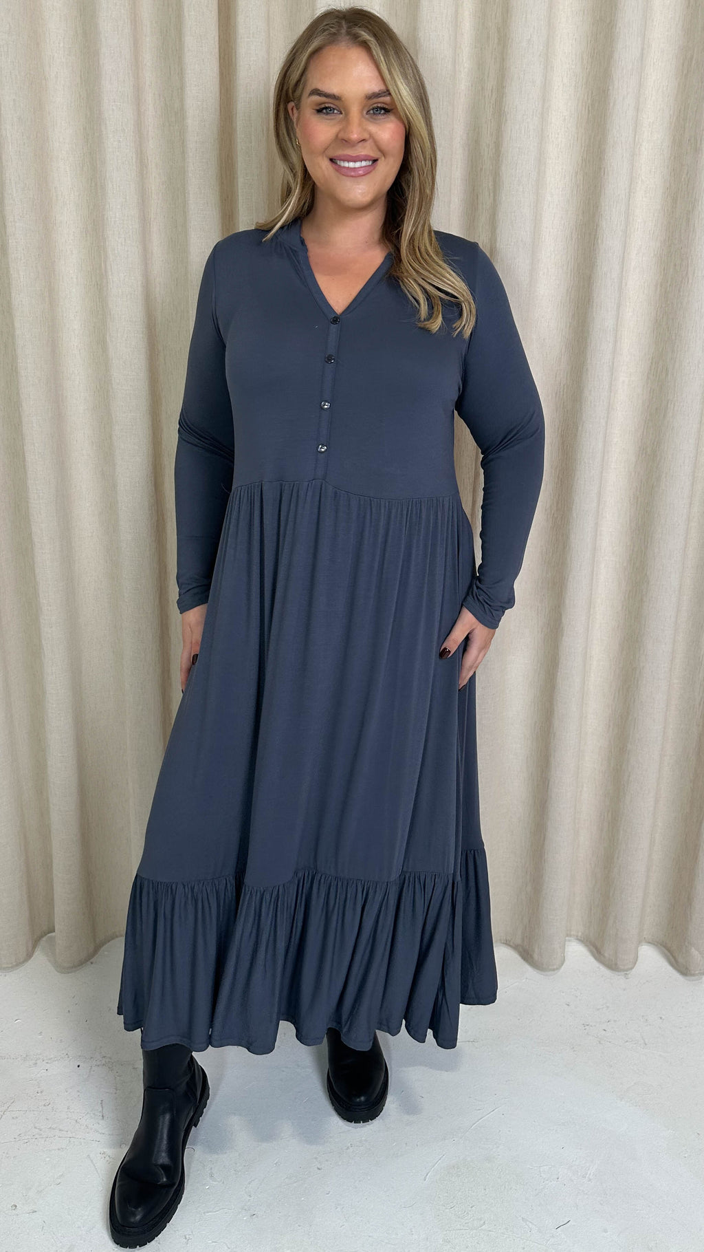 CurveWow Collared Button Smock Dress Slate Grey