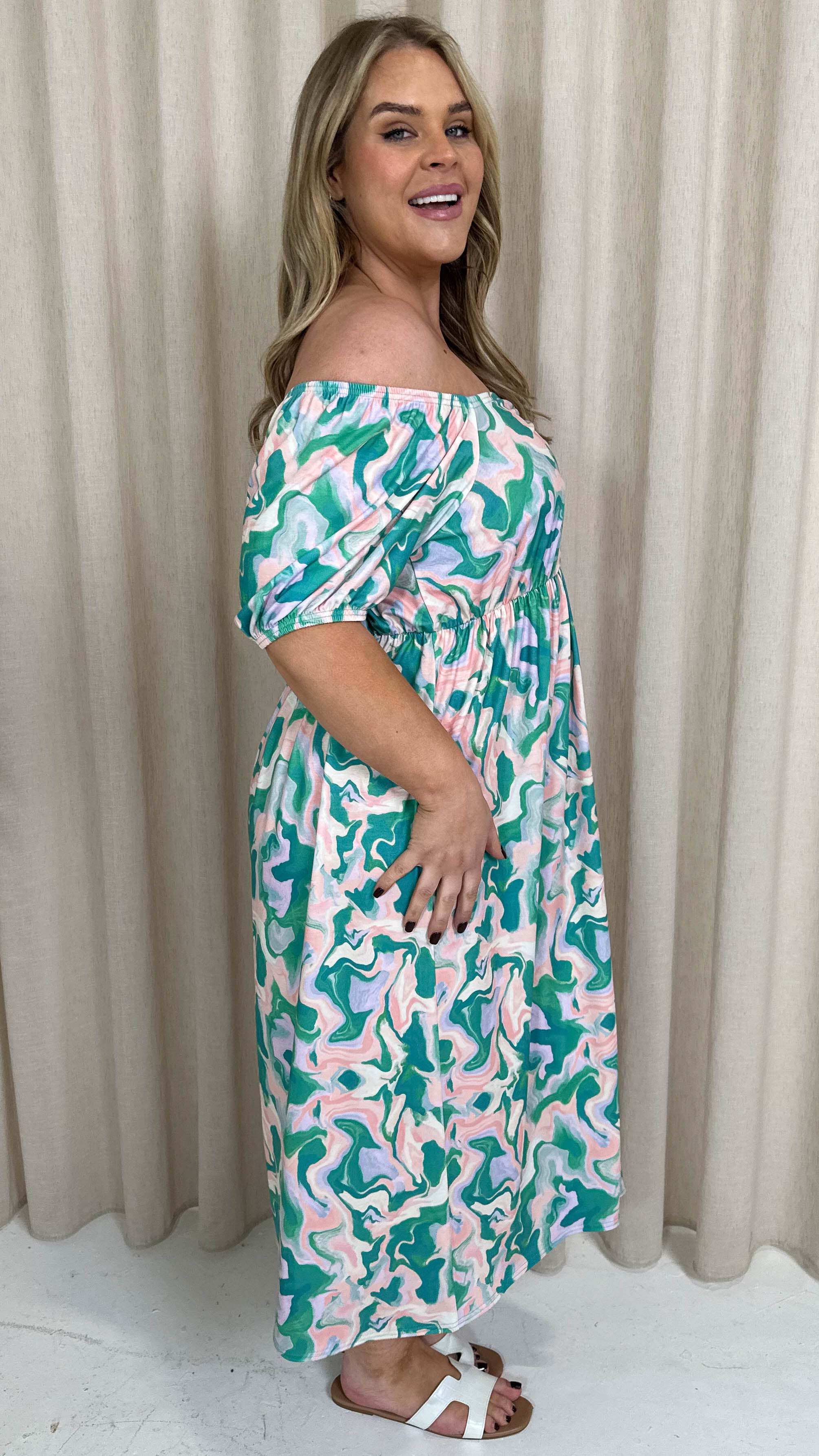 CurveWow Ruched Front Milk Maid Midi Dress Green Marble