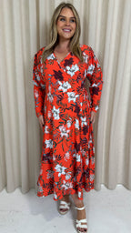 CurveWow Long Sleeve Wrap Dress Red Floral
