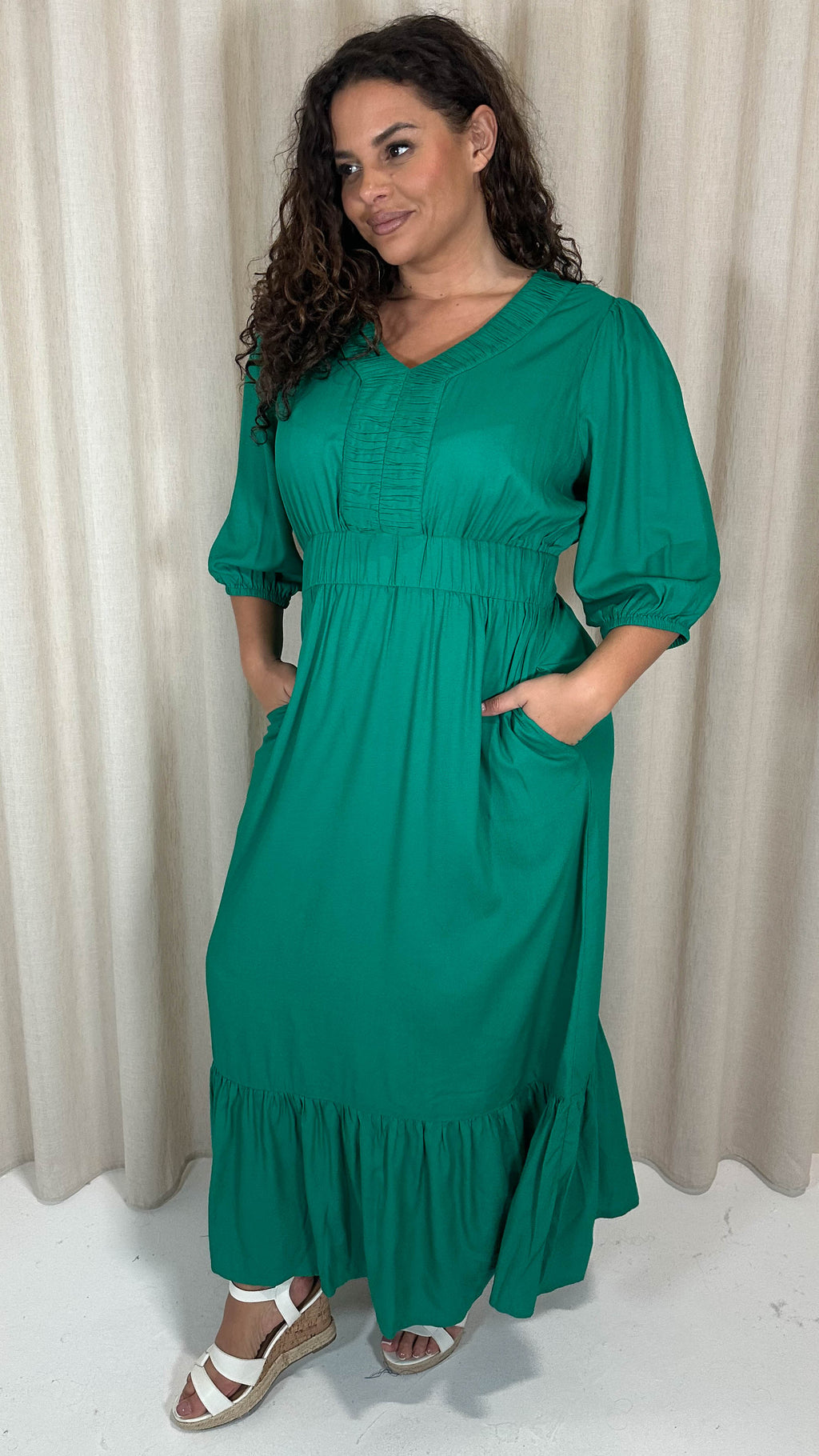 CurveWow Ruched Vneck Tiered Maxi Dress Green