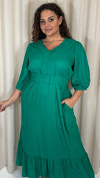 CurveWow Ruched Vneck Tiered Maxi Dress Green