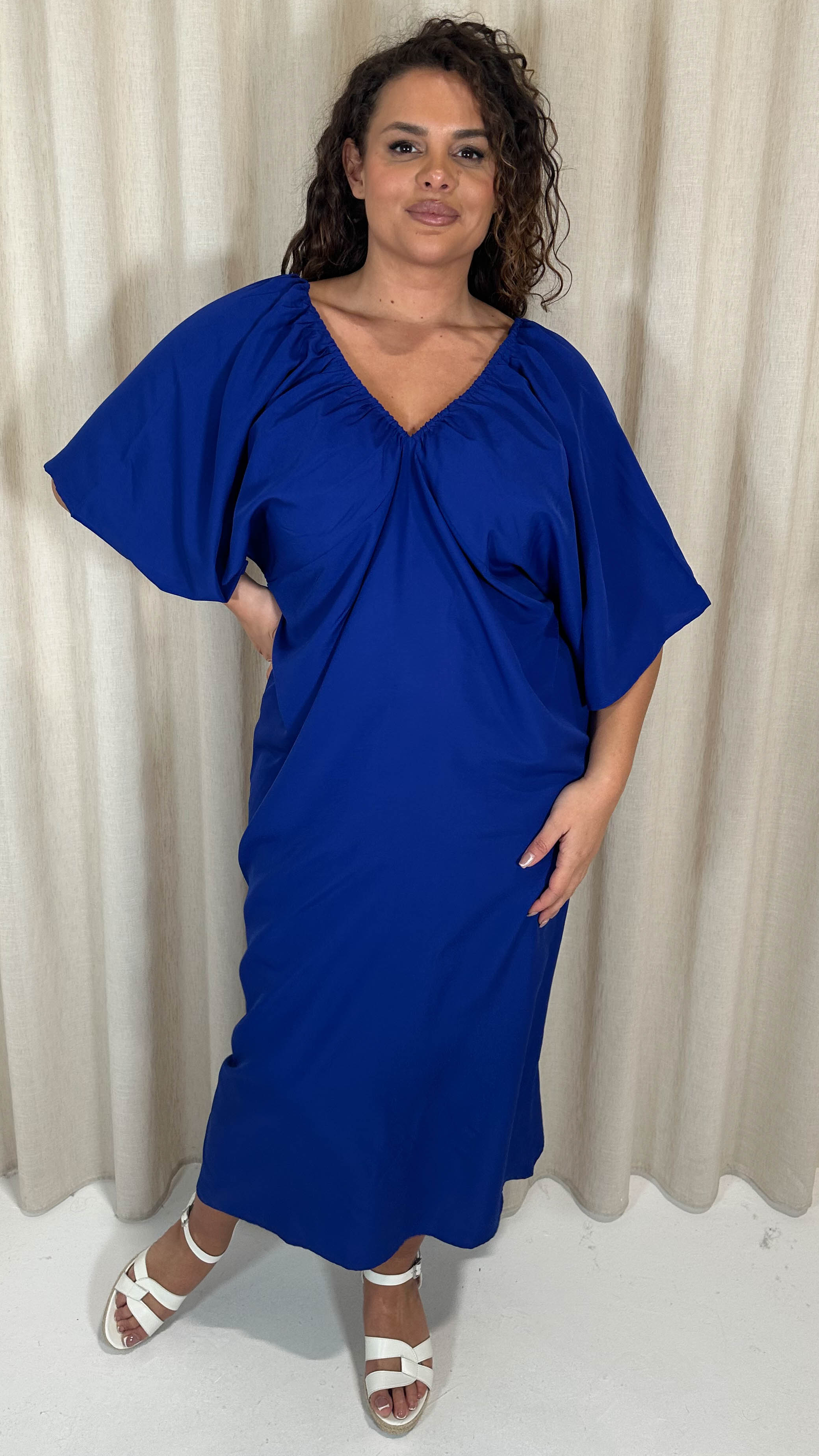 CurveWow Balloon Sleeve Kimono Midi Dress Blue