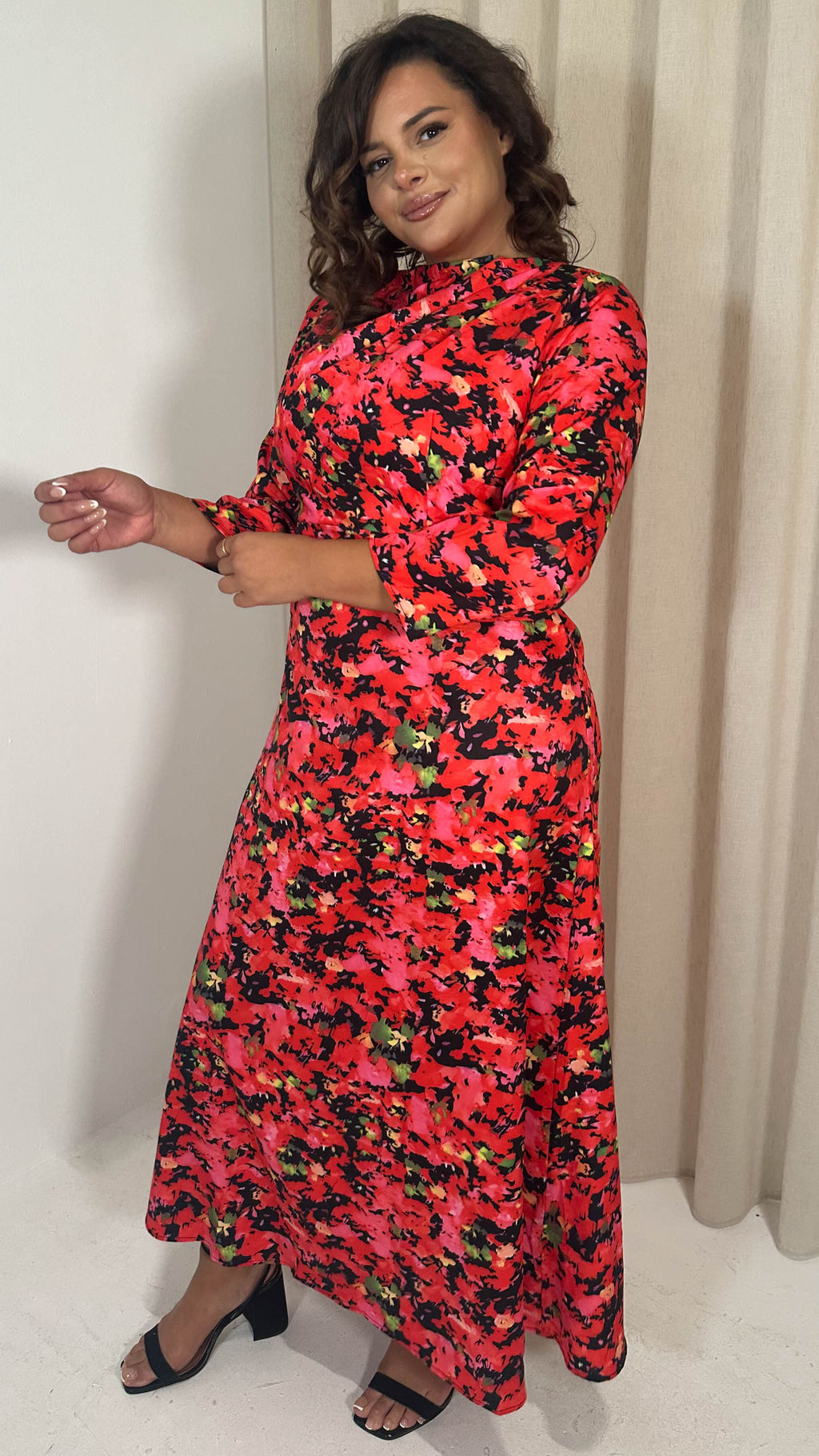 CurveWow Slash Neck Maxi Dress Red Floral