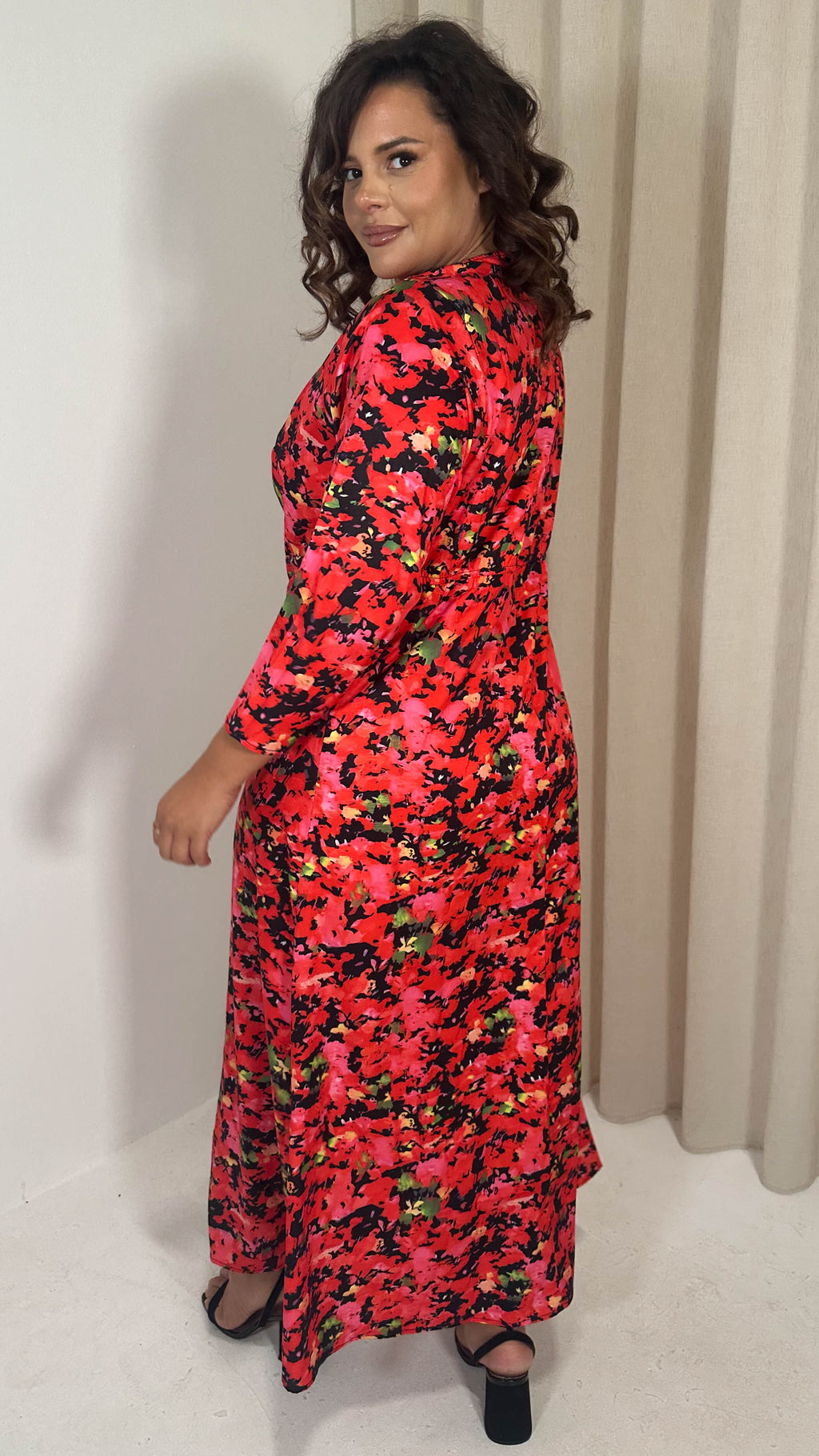 CurveWow Slash Neck Maxi Dress Red Floral