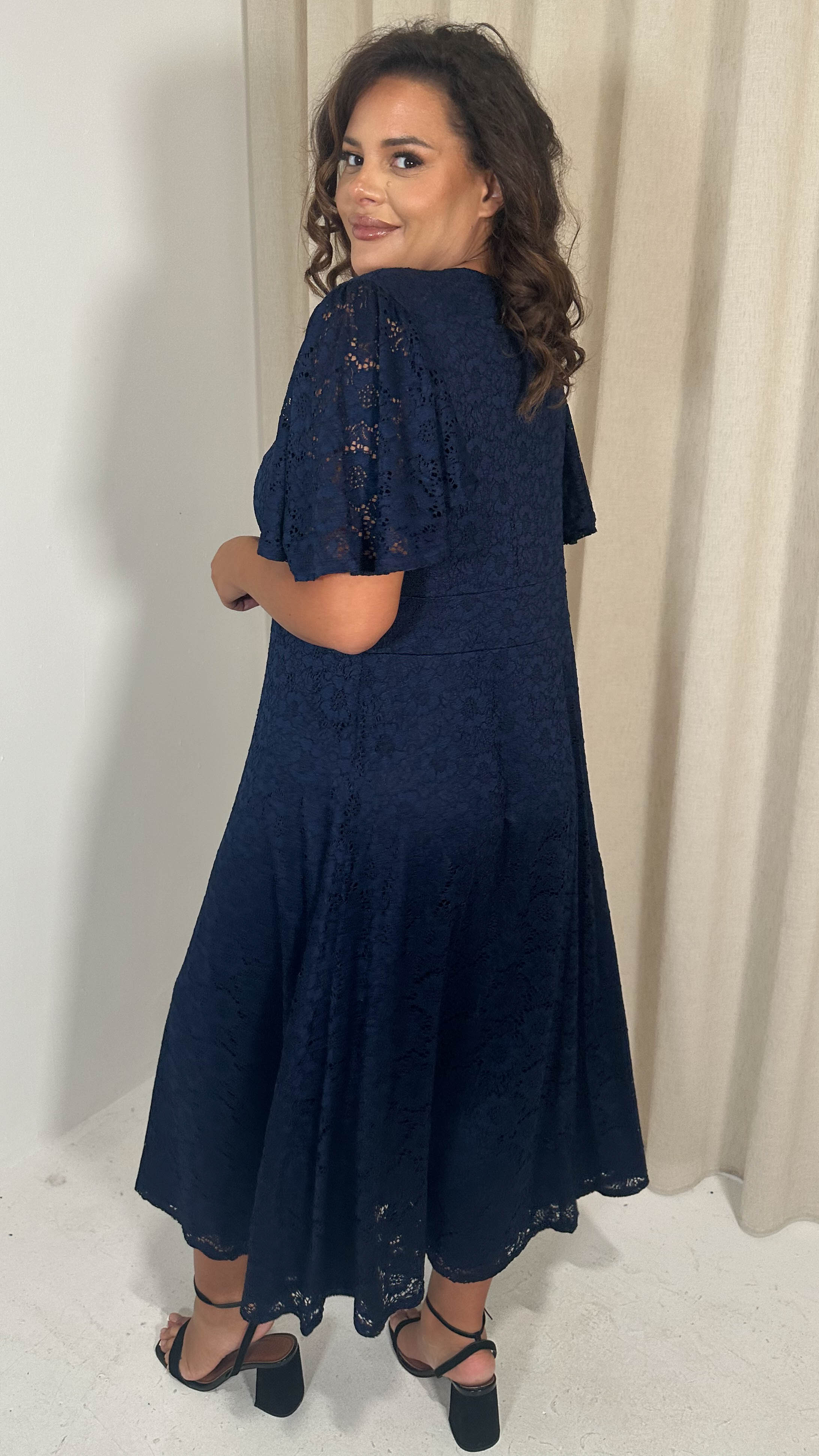 CurveWow Lace Angel Sleeve Dress Navy