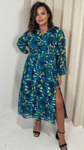 CurveWow Ring Waist V Neck Midi Dress Green Floral