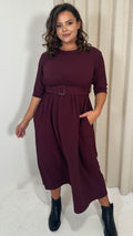 CurveWow Textured Elbow Sleeve Belted Pocket Midi Dress Wine