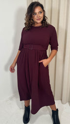 CurveWow Textured Elbow Sleeve Belted Pocket Midi Dress Wine
