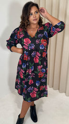 CurveWow V Neck Smock Dress Black Floral